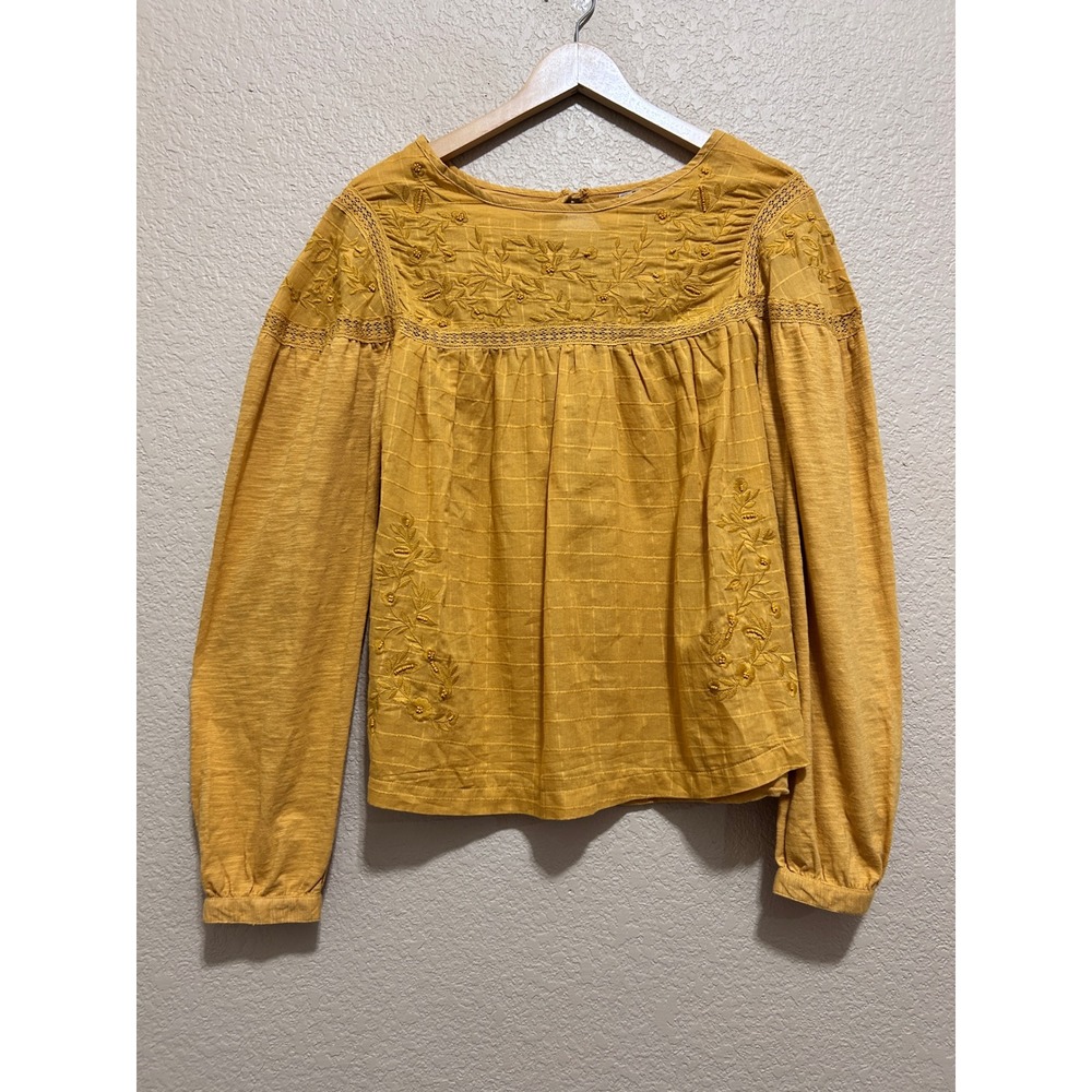 IB Diffusion Small Mustard Yellow Embroidered Boho Peasant Blouse Puffy Cottage